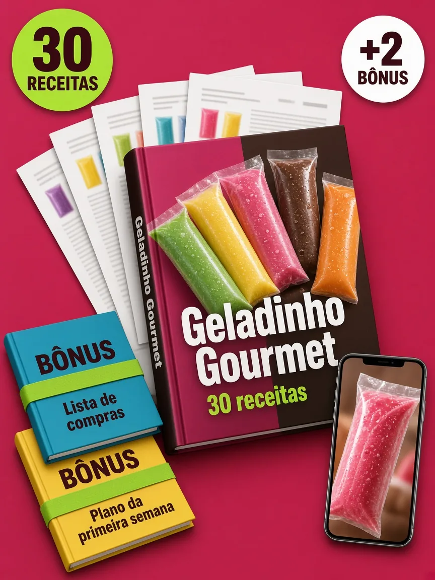 Montagem ilustrativa do Geladinho Gourmet: livro com a capa, páginas do material e celular