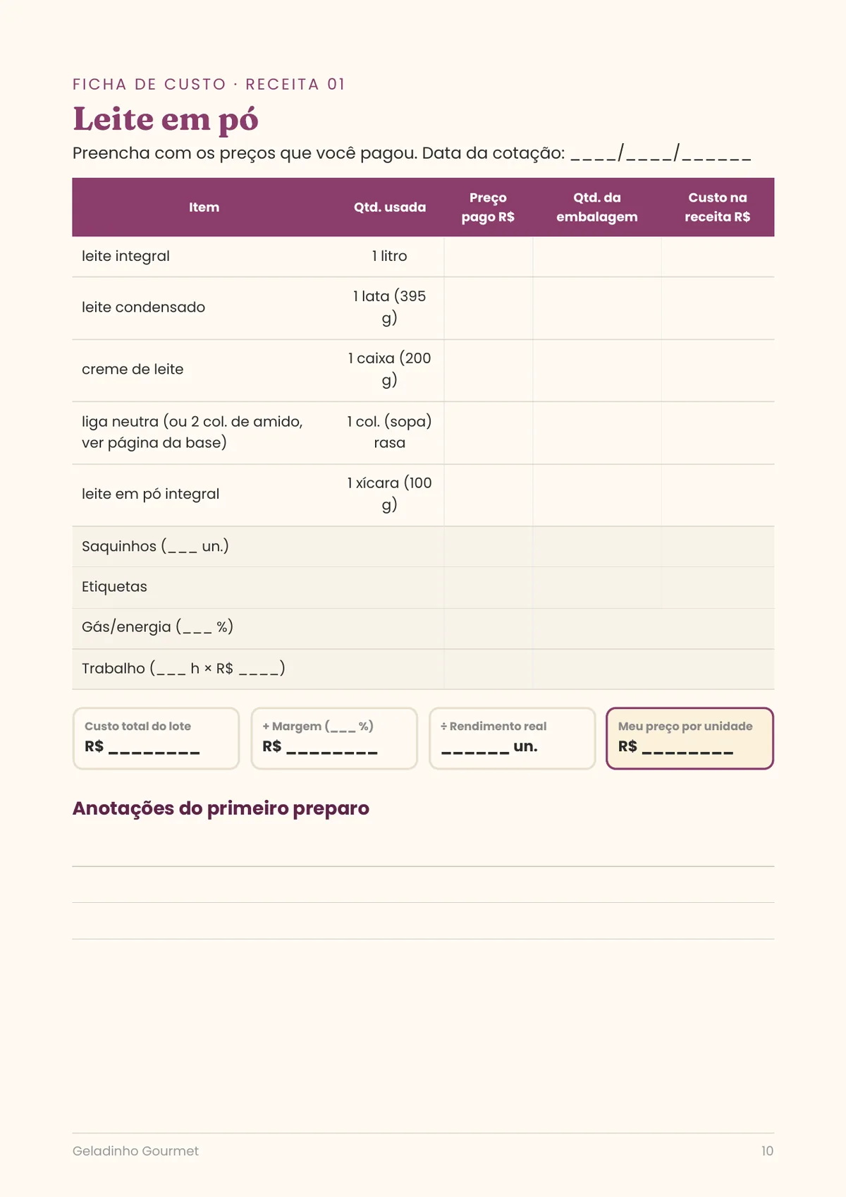 Página real do PDF Geladinho Gourmet: ficha de custo da receita